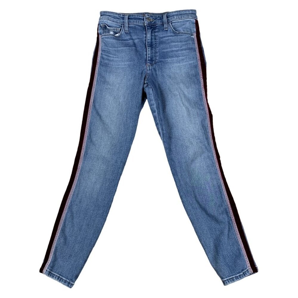 Joe's Jeans 27 Charlie High Rise Skinny Ankle Jeans w/ Purple Velvet Stripe
